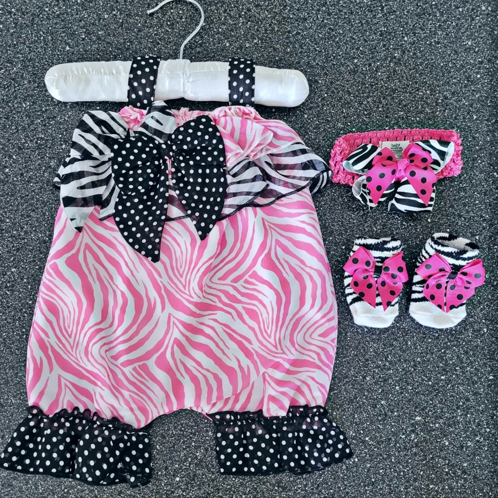 NEW Pink Zebra Romper, Headband & Socks